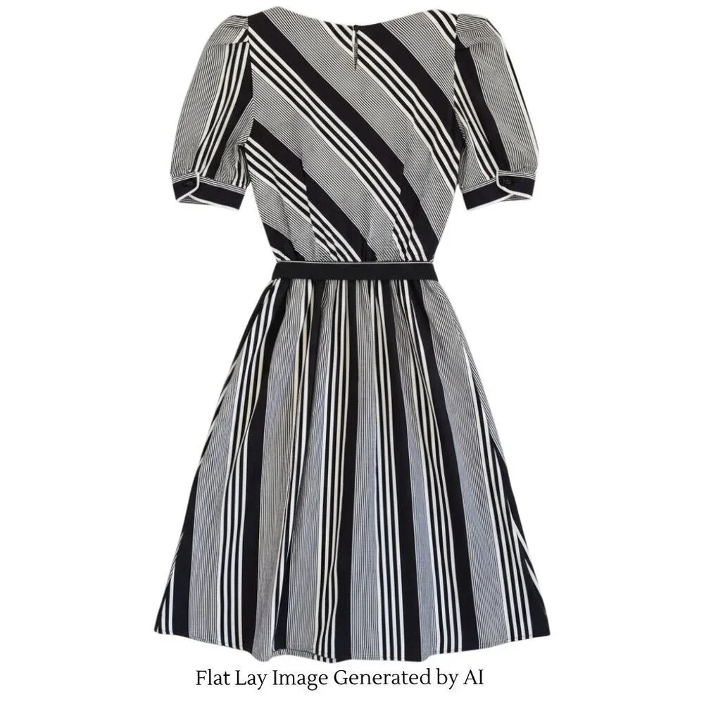 Vintage Brown & White Striped Midi Dress | Handmade 1980s Elastic Waist - Picture 9 of 16